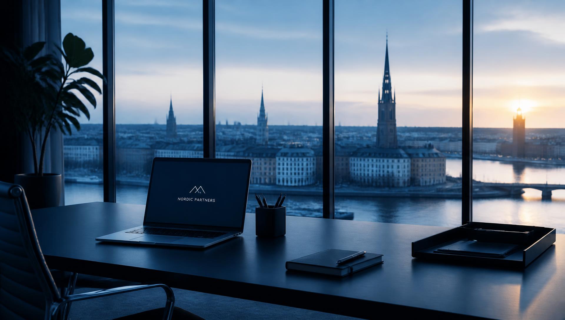 Arbetsplats med laptop och utsikt över en nordisk stadssiluett i skymningen